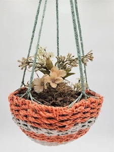 Handwoven Eco-Art Hanging Pot - Orange & White Strips - Picture 1 of 6
