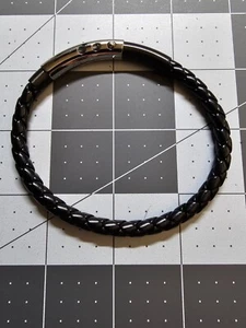 Black Braided Leather Stainless Steel ⭐ Bangle Bracelet - Picture 1 of 3