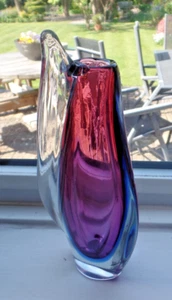 VINTAGE FLAVIO POLI MURANO ITALY SOMMERSO GLASS VASE PURPLE & BLUE 8 INCHES TALL - Picture 1 of 6
