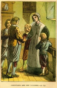 'Christiana and her Children' 1868 Illustration Pilgrim's Progress 3.75"x5" Art - Picture 1 of 3