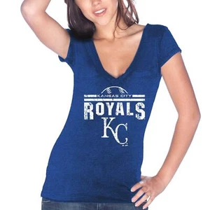 Majestic Women's Kansas City Royals Wordmark Tri-blend V-Neck T-shirt Large - Picture 1 of 2