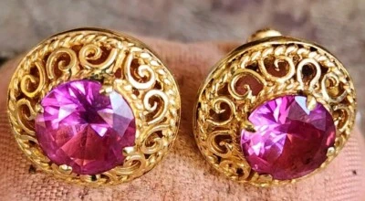 СТАРИННЫЙ СИНТЕТИЧЕСКИЙ РОЗОВЫЙ САПФИР старинный 14 KT серьги винт назад  - Изображение 1 из 4