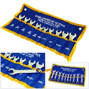 10pc CRV Metric & Imperial Stubby Spanner Combination Wrench Set + Tool Roll - Picture 1 of 12