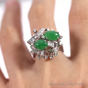 NATURAL JADEITE JADE & DIAMOND CLUSTER WHITE GOLD RING (SZ 5.5) - Picture 1 of 12