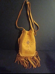 Handgefertigte Handtasche/Tasche der amerikanischen Ureinwohner Perlen Fransen Buckskin Leder klein Vintage - Bild 1 von 4