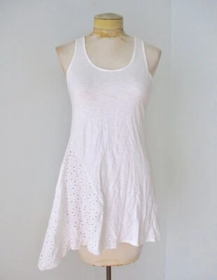 Leifnotes Blanco Suave Algodón Modal Tejido Mini Vestido Tanque Asimétrico Ojales Encaje S Foto 1 de 4