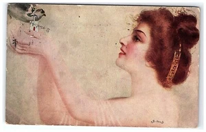 c1909 Postcard Lovely Woman Letting Go Of A Messenger Pigeon With Message Art - Picture 1 of 2