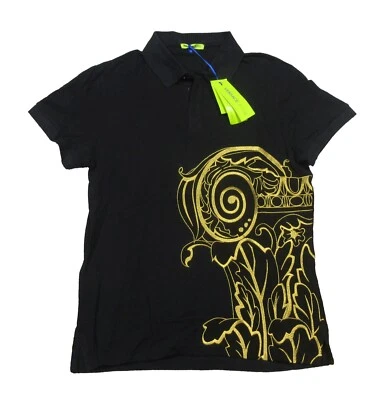 Camisa polo Versace Jeans para hombre negra bordada con gráficos metálicos de malla Foto 1 de 4