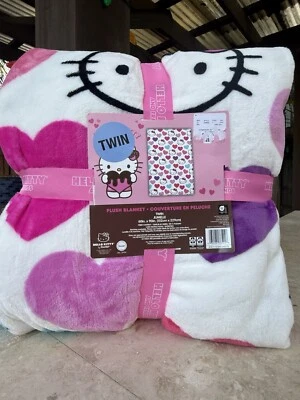 Hello Kitty Valentines Big Bright Hearts Love 60 x 90" TWIN White Blanket NWT - Image 1 of 3