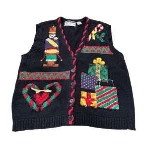 Jennifer Moore Womens Hand Knitted Christmas Sweater Vest Nutcracker Black Large - Picture 1 of 7