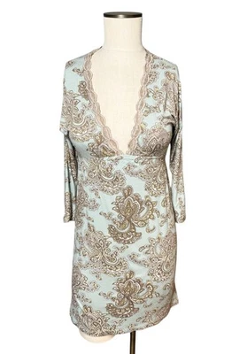 Vestido de salón Wendy Glez ropa de dormir azul cielo cachemira encaje ribete manga larga talla S Foto 1 de 4