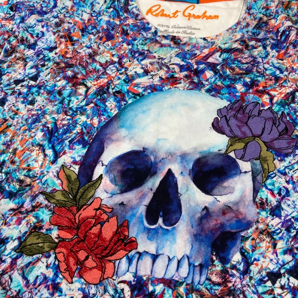 Camiseta de algodón bordada Robert Graham para hombre talla mediana con estampado floral calavera Foto 1 de 4