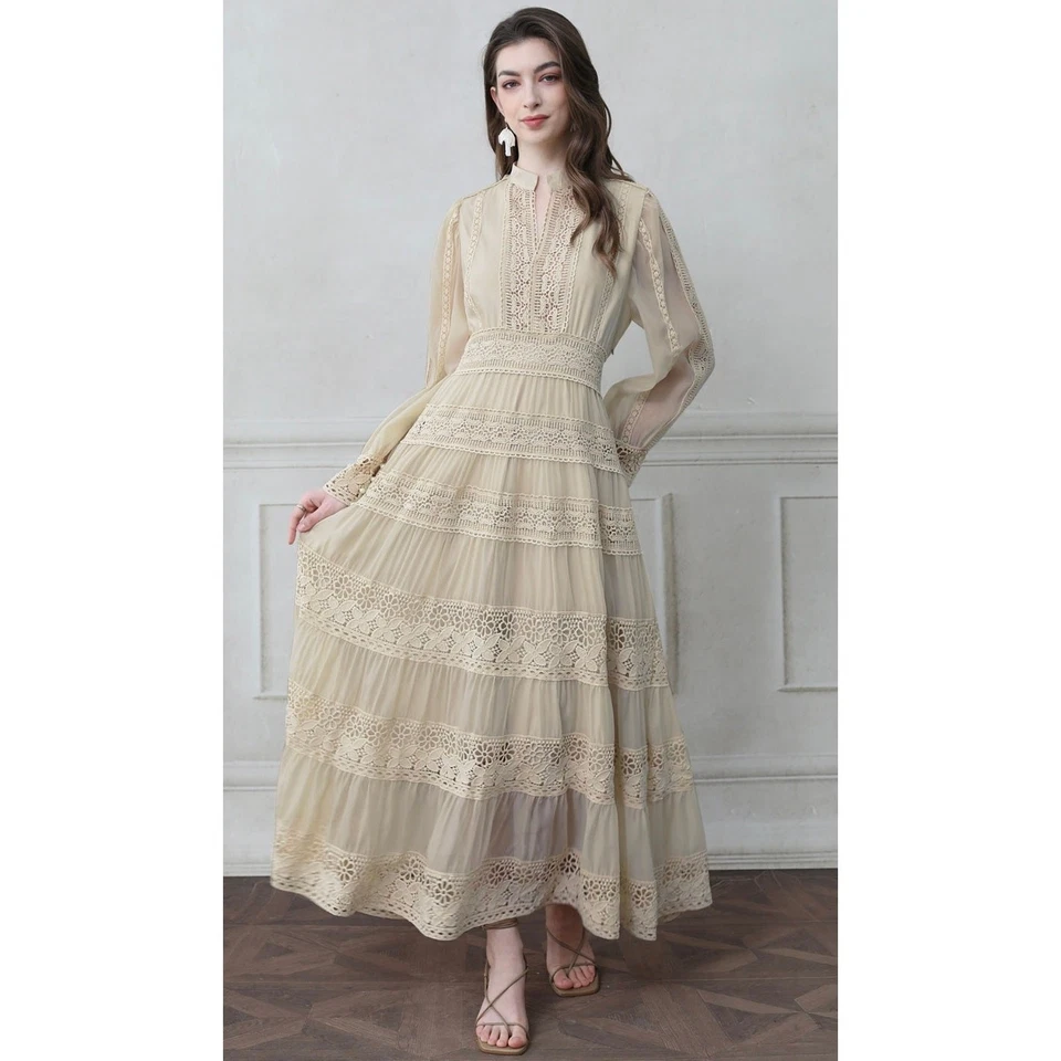 Savvy Elegance Womens Boho Maxi Cream Dress Size Medium Lace Ruffles Fairy - Image 1 of 4