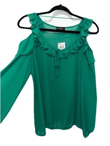 Spense Women's Ruffle Bow Deep Green Cut-Out Shoulders Top Blouse Size M - Picture 1 of 9
