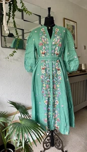 BODEN ADDIE GREEN LINEN FLORAL BELTED MIDI SHIRT DRESS- SIZE 10P - Picture 1 of 16