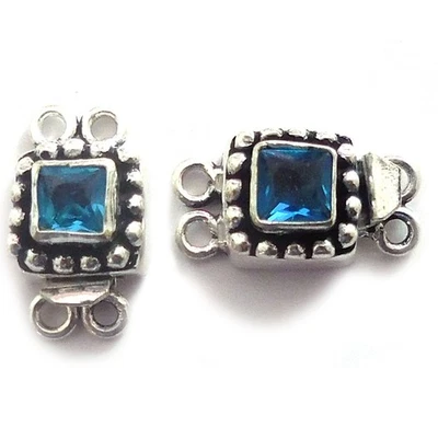 2 Pcs Blue Topaz 2 Strand Gemstone Box Clasp Antique Silver Plated - Image 1 of 4