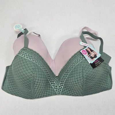 Maidenform Self Expressions Wireless 2 T-Shirt Bra 38DD Green Pink Lace Comfort - Image 1 of 4