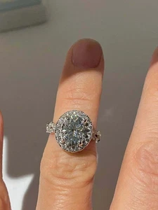 Anillo de compromiso real moissanita de 3 quilates corte ovalado halo chapado en oro blanco de 14 k plateado - Imagen 1 de 7