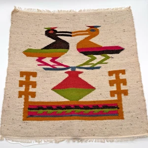 Vintage Wool Wall Folk Art Tapestry, Bird Decor, 1970s Colorful Carpet, Bohemian - Picture 1 of 8