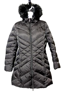 Kenneth Cole Reaction Damen Stepp Puffer Daunen Mantel Schwarz Medium Kunstfell Kapuze - Bild 1 von 16