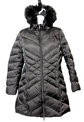 Abrigo acolchado acolchado para mujer Kenneth Cole Reaction negro mediano capucha de piel sintética Foto 1 de 4