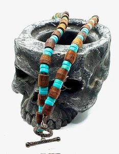 Holz Türkis Perlen Halskette: 25" Knebel 90er - Bild 1 von 8