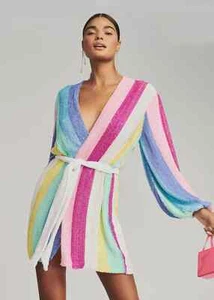 RETROFÉTE Gabrielle Striped Velvet-trimmed Sequined Chiffon Mini Wrap Dress sz S - Picture 1 of 14