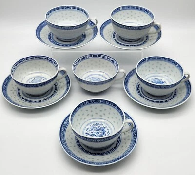 Blue & White Rice Grain Dragon Tea Cups (6) & Saucers (5) 14cm Jingdezhen China - image 1 of 4