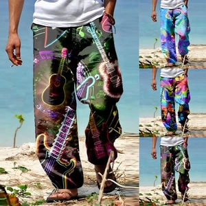 Men Summer Breathable Cotton Linen Trousers Printed Loose Wide Leg Casual Pants - Picture 1 of 23