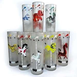 VTG Set of 8 Libbey Merry-go-Round/Carousel Animals Frosted 1950's Drink Glasses - Picture 1 of 22