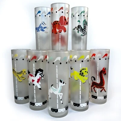 VTG Set of 8 Libbey Merry-go-Round/Carousel Animals Frosted 1950's Drink Glasses - Image 1 of 4