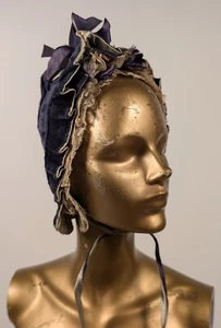 VICTORIAN 1880’S BLUE VELVET BONNET W LACE RUFFLES + SILK RIBBONS - Picture 1 of 6