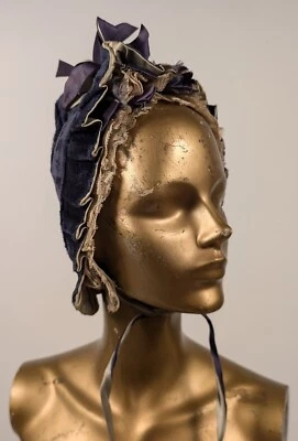 VICTORIAN 1880’S BLUE VELVET BONNET W LACE RUFFLES + SILK RIBBONS - Image 1 of 4