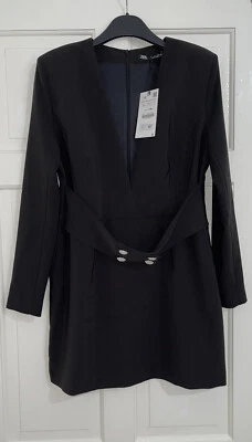 ZARA BLACK V-NECK BELTED SHORT BLAZER DRESS WITH PEARL BEAD BUTTONS SIZE L BNWT - Image 1 of 4