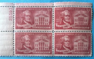 1957 US 3¢ Block Of 4 Stamps Alexander Hamilton & Federal Hall Bicentennial MNH  - Image 1 of 3
