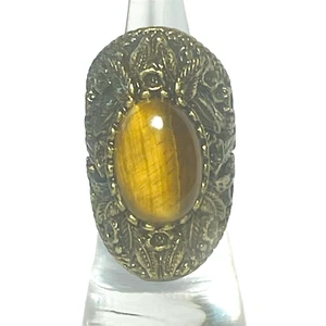 Anello dichiarazione costume pietra occhio di tigre misura 7,5 floreale tono oro metallo vintage - Foto 1 di 16