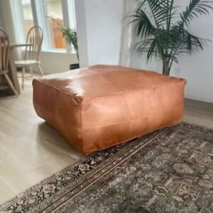 unstuffed square Ottoman Pouffe Moroccan leather, light tan handmade footstool