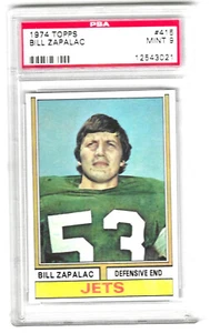1974 Topps Bill Zapalac Rookie # 415 Graded Card PSA 9 Jets pop 26 & 3 - Picture 1 of 2
