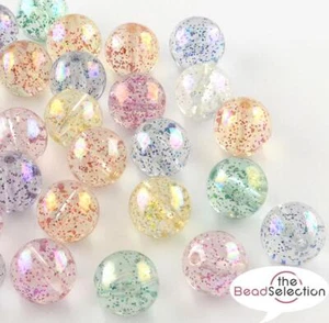 40 ACRYLIC BEADS GLITTER AB RAINBOW LUSTRE ROUND 10mm HOLE 2mm TOP QUALITY ACR61 - Picture 1 of 2