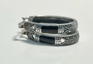 Orecchini a cerchio ovale argento sterling onice nera e marcasite 925 THAILANDIA - Foto 1 di 17
