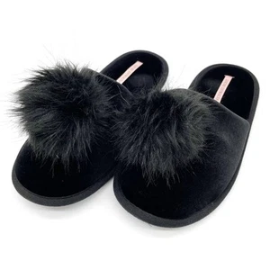 Victoria’s Secret Womens L Slide Slippers Velvet Faux Fur Poof Soft Lounge Cozy - Picture 1 of 6
