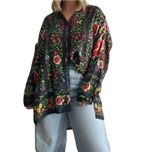 Johnny Was Silk Floral Lightweight Button Up Blouse Emby Top Boho Indie Flowy - Picture 1 of 12