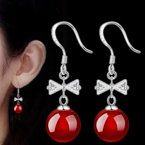 Womens Round Red Ball Bow Silver Plated Earrings Hook Drop Dangle Girls Gift - Picture 1 of 2