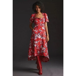 Maeve by Anthropologie rot Blumen Puffärmel Hi Lo Kleid Gr. 2 Neu mit Etikett Herzausschnitt - Bild 1 von 7