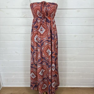 MONSOON Maxi Dress Small Rust Shirred Sleeveless Halter Geometric Holiday Summer - Picture 1 of 11
