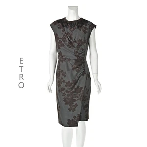 ETRO Gray Wool Ruched Dress, Brown Floral Print, Hand-Embroidered Neckline SZ 8 - Picture 1 of 8