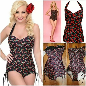 Traje de baño único vintage negro rojo cereza con cordones estilo años 50 1 pieza ~ S M3020 - Imagen 1 de 12