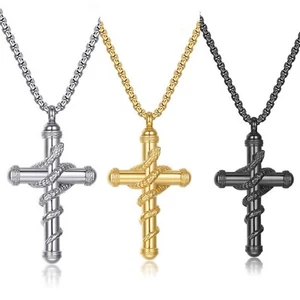 Vintage Stainless Steel Cross Twisted Snake Pendant Necklace Stainless Steel - Picture 1 of 17