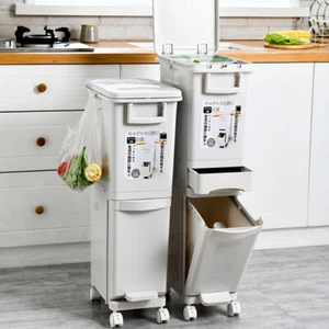 29L/32L 2/3 Tier Kitchen Mobile Rubbish Bin Recycle Pedal Waste Trash Can Garden - Picture 1 of 14