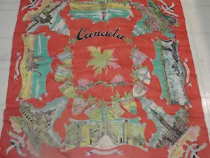 Vintage 60s Scarf SILK CANADA large 33" Landmarks Hand rolled BEAVERS - Picture 1 of 7